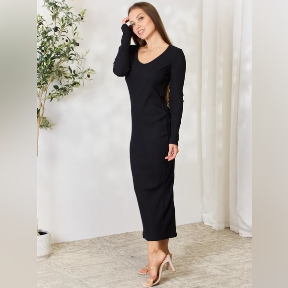 NEW Culture Code PLUS + REG Size Ribbed Long Sleeve Slit Hem Midi Dress - Picture 10 of 13